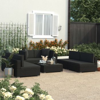 Set mobilier de grădină cu perne 7 piese negru poliratan