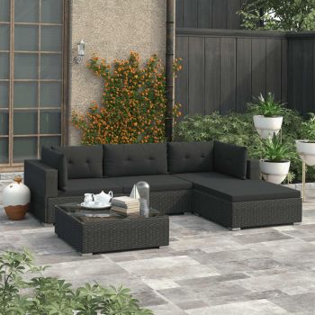 Set mobilier de grădină cu perne 5 piese negru poliratan
