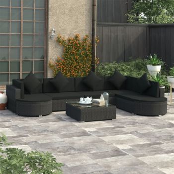 Set mobilier de grădină cu perne 8 piese negru poliratan