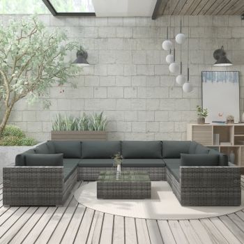 Set mobilier de grădină cu perne 9 piese gri poliratan