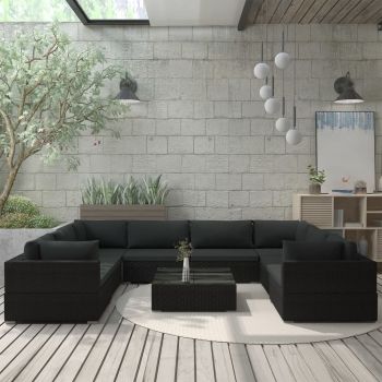 Set mobilier de grădină cu perne 9 piese negru poliratan