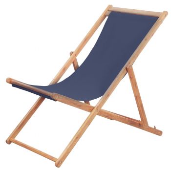 Scaun de plajă pliabil albastru textil și cadru din lemn ieftin