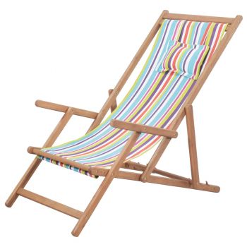 Scaun de plajă pliabil multicolor textil și cadru din lemn ieftin