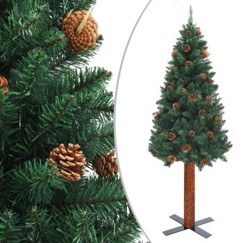 Pom Crăciun artificial subțire lemn și conuri verde 210 cm PVC