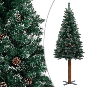 Pom Crăciun artificial subțire lemn și zăpadă verde 150 cm