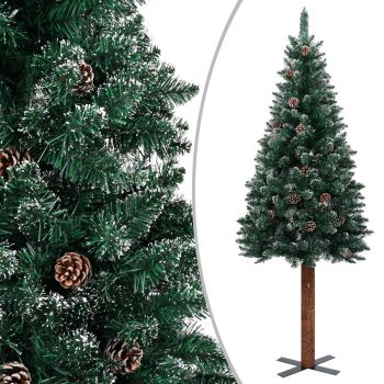 Pom Crăciun artificial subțire lemn și zăpadă verde 180 cm