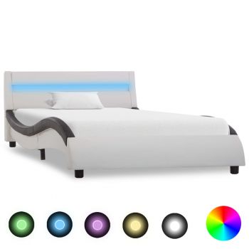 Cadru de pat cu LED alb și negru 100x200 cm piele ecologică