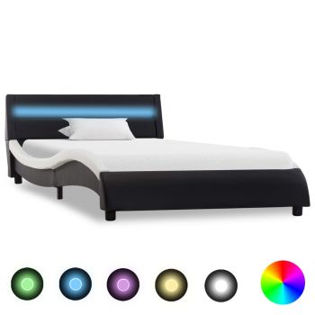 Cadru de pat cu LED negru și alb 100x200 cm piele ecologică