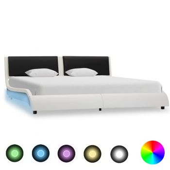 Cadru de pat cu LED alb și negru 180x200 cm piele ecologică