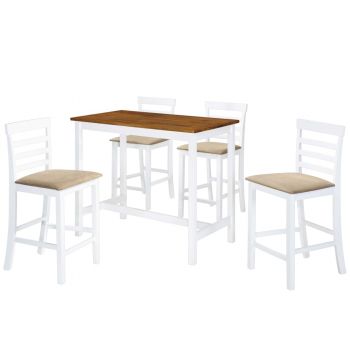 Set masă și scaune de bar 5 piese lemn masiv maro și alb