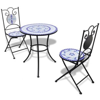 Set mobilier bistro 3 piese albastru/alb plăci ceramice