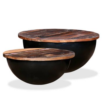 Set măsuțe cafea 2 piese lemn masiv reciclat negru formă bol ieftina