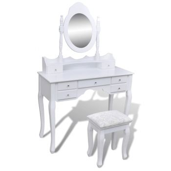 Masă de toaletă cu oglindă și taburet 7 sertare alb ieftina