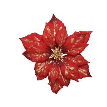 Decoratiune Poinsettia velvet, Decoris, 24x5 cm, poliester, rosu/auriu ieftina