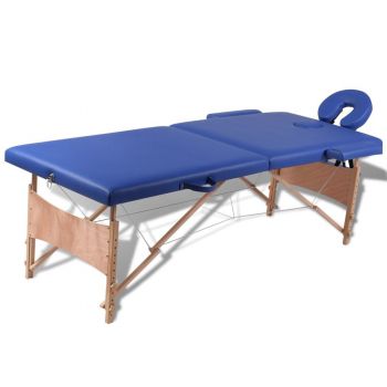 Masă de masaj pliabilă 2 părți cadru din lemn Albastru