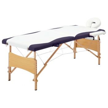 Masă de masaj pliabilă 2 zone alb și violet lemn