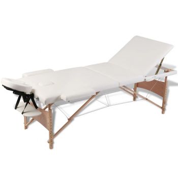 Masă de masaj pliabilă 3 părți cadru din lemn Crem