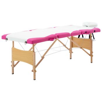 Masă pliabilă de masaj 4 zone alb și roz lemn