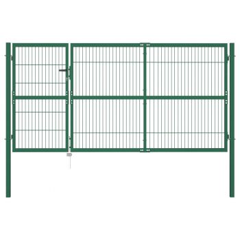 Poartă gard de grădină cu stâlpi verde 350 x 140 cm oțel