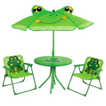 Set mobilier gradina/terasa pentru copii, pliabil, verde,model brosca, 1 masa cu umbrela, 2 scaune, Melisenda