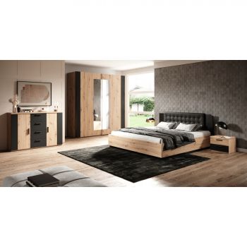 Set Dormitor Sigma, Dulap Usi Culisante 200x64x213 cm, Pat, Noptiere, Comoda, Stejar Artisan/Negru Mat ieftin