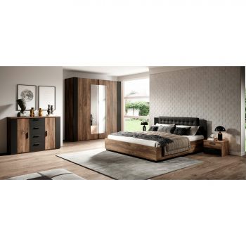 Set Dormitor Sigma, Dulap Usi Culisante 200x64x213 cm, Pat, Noptiere, Comoda, Stejar Flagstaff/Negru Mat ieftin