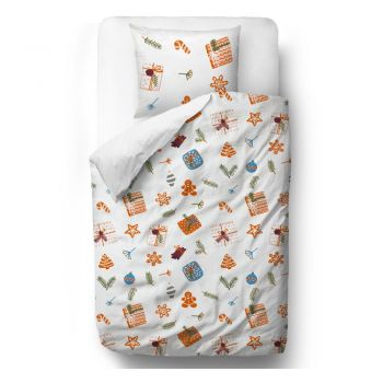Lenjerie de pat albă/portocalie din bumbac satinat pentru pat de o persoană 140x200 cm Wrapped Surprise – Butter Kings