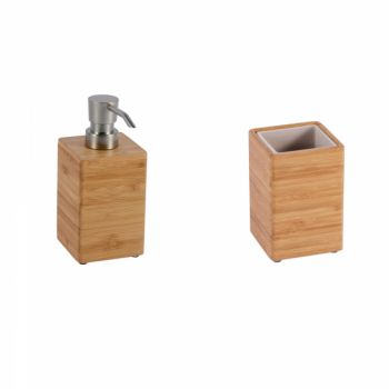 Set accesorii din bambus pentru baie, dozator sapun lichid si pahar