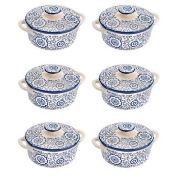 Set format din 6 boluri de servit din ceramica cu manere si capac pentru supa, Alb-albastru, 600 ml
