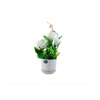 Trandafir artificial decorativ in ghiveci ceramic, Alb, 32 cm
