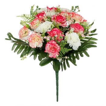 Buchet decorativ artificial cu flori garoafe alb si roz,plastic,40 cm