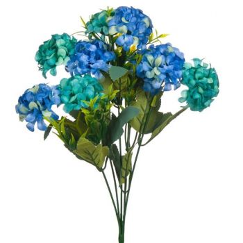 Buchet decorativ artificial cu flori hortensie,albastru,plastic,37 cm