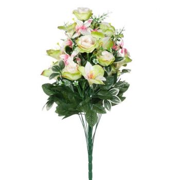 Buchet decorativ artificial cu flori mici roz si albe,plastic,60 cm