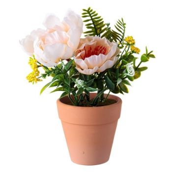 Floare bujor decorativa in ghiveci ceramic,crem,18 cm ieftina