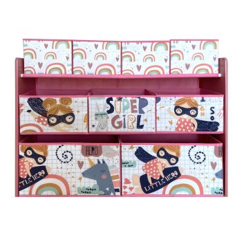 Organizator din lemn Ginger Home pentru jucarii cu 9 cutii textile Super Girl