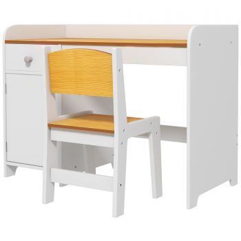 Masa de birou ZONEKIZ pentru copii cu scaun, birou de scoală pentru copii de 3-6 ani din lemn cu sertar si scaun asortat, alb | Aosom RO ieftin