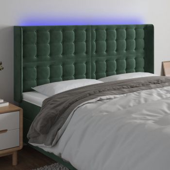 vidaXL Tăblie de pat cu LED, verde închis, 183x16x118/128 cm, catifea