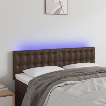 vidaXL Tăblie de pat cu LED, maro, 144x5x78/88 cm, piele ecologică