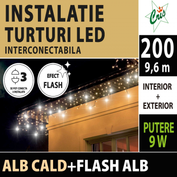 Instalatie decorativa Craciun, turturi, 200 LED-uri alb cald cu flash alb, 9,6 m, interior/exterior, alimentare la retea