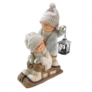 Decoratiune iarna, fata si baiat cu felinar pe sanie, ceramica, 35x25x50 cm
