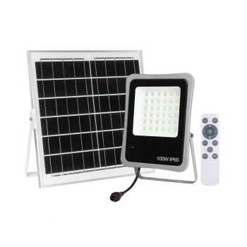 Proiector LED cu panou solar 100 W, cu telecomanda, lumina rece, IP65, Luminastar