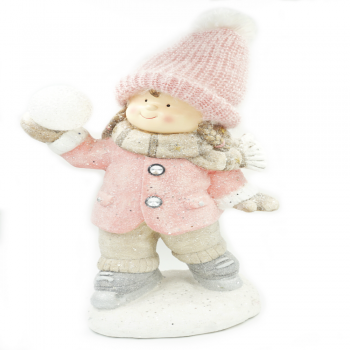 Figurina ceramica decorativa de Craciun baiat cu glob iluminat LED, bej + roz, 50 cm ieftina