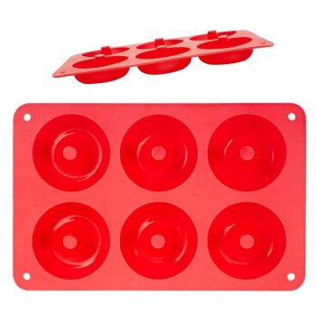 Forma de copt din silicon pentru 6 gogosi, Quasar & Co.®, termorezistenta pana la 230 grade C, 27.5 x 17.5 x 3 cm, tava copt donuts 6 cavitati de Ø7 cm, rosu ieftina