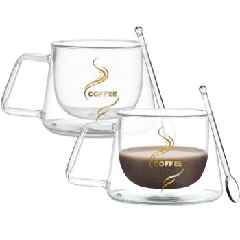 Set 2 cesti cu pereti dubli si 2 lingurite, Quasar & Co, model COFFEE, termorezistenta, lingurita ceai/cafea, 200 ml, sticla, transparent