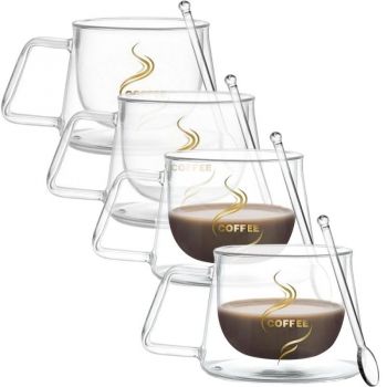 Set 4 cesti cu pereti dubli si 4 lingurite, Quasar & Co, model COFFEE, termorezistente, lingurita ceai/cafea, 200 ml, sticla, transparent
