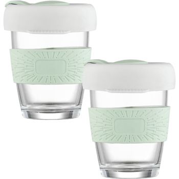 Set 2 pahare cafea/ceai, Quasar & Co.®, model To Go, cu protectie termica si capac din silicon, sticla, 320 ml, alb fumuriu/verde