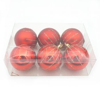 Set globuri decorative de Craciun, plastic, rosu, 70 mm, 6 bucati