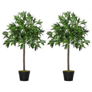 Outsunny Set de 2 Arbori de Dafin in Ghiveci, Plante Artificiale din Plastic Inaltime 90cm pentru Interior si Exterior, Plante Artificiale Decorative
