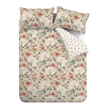 Lenjerie de pat bej pentru pat de o persoană 135x200 cm Pippa Floral Birds – Catherine Lansfield