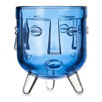 Suport pentru lumanare Face, Gift Decor, 7.8 x 7.8 x 8.8 cm, sticla, albastru